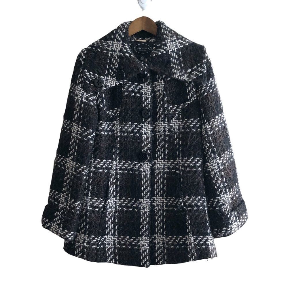 Wool Plaid Knit Winter Pea Coat Jacket